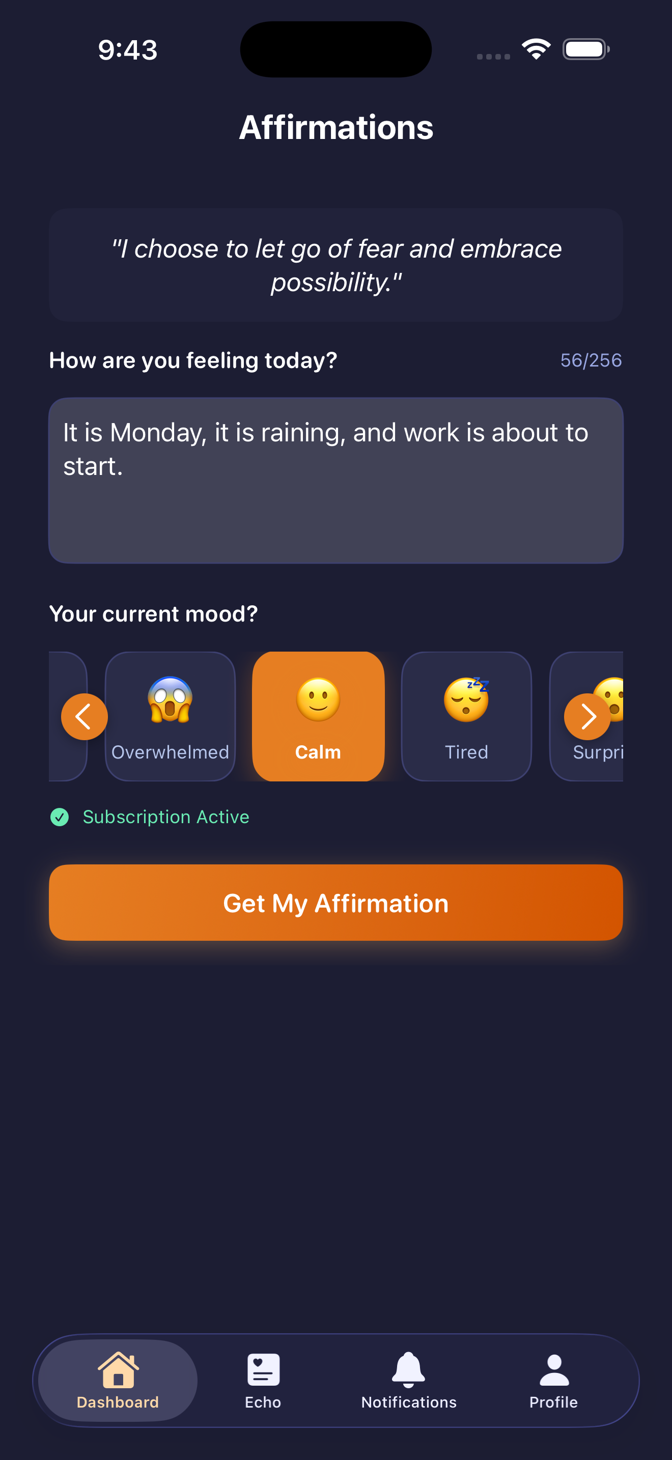 Uplift Echo affirmations screen with mood selection